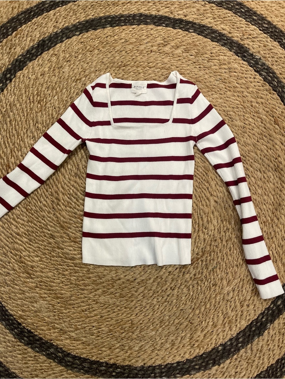 Square Neck Ribbed Long Sleeve Top in White and Burgundy